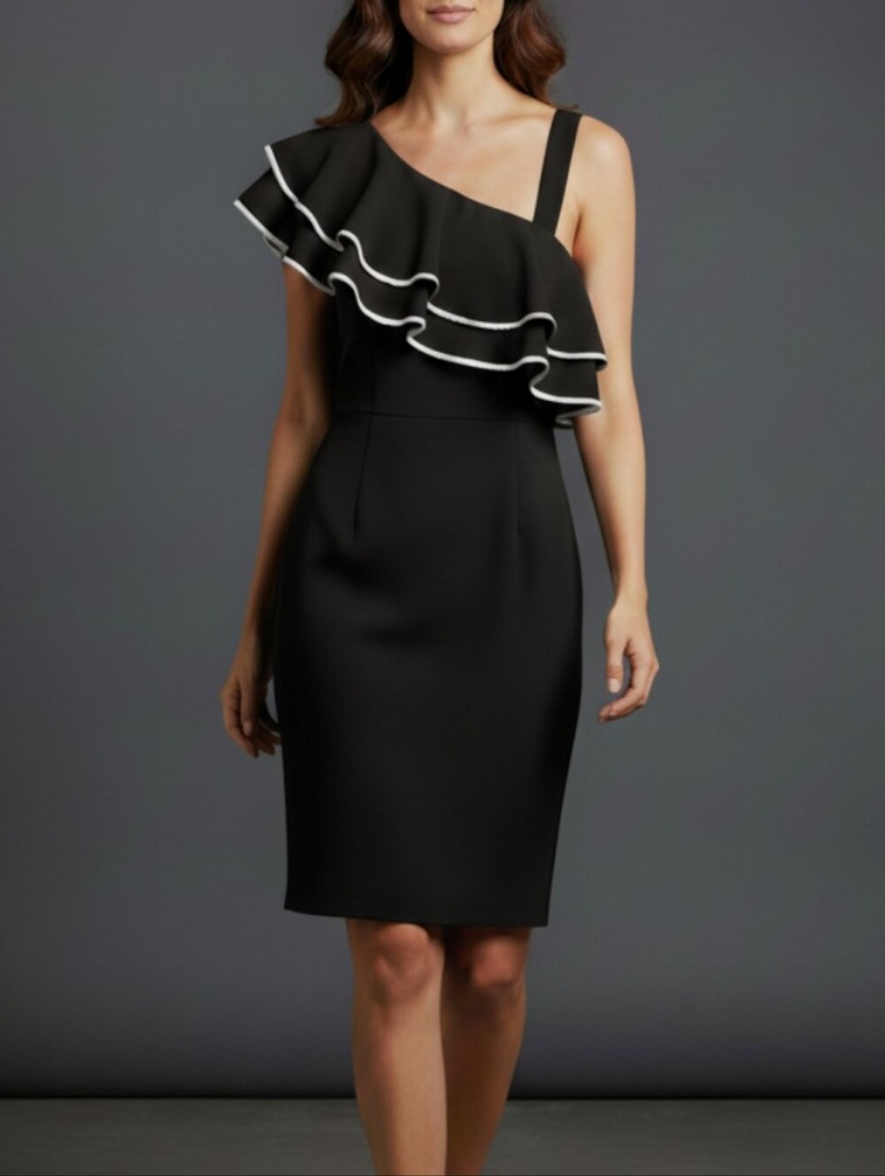 Aqua Black One-Shoulder Ruffle Sheath Dress with White Trim